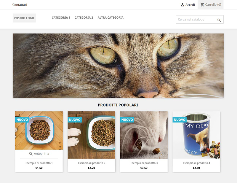 Aprire un E-commerce di alimenti per animali domestici - Apri un e-commerce di alimenti per animali domestici. Potrai inserire tutti i prodotti che vuoi, aggiungere dettagli e schede sul prodotto.